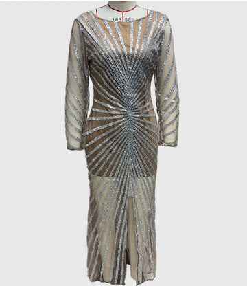 MQTIME  - Maternity Photoshoot Dress for Baby Shower Women Sexy Long Sleeve Rhinestone Sheer Mesh Maxi Dress with Side Slit Formal Shoot